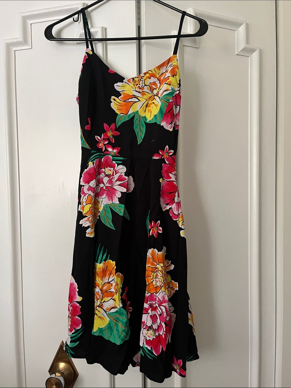 Old Navy Black Floral Spaghetti-Strap Mini Dress with Pink & Yellow Blooms